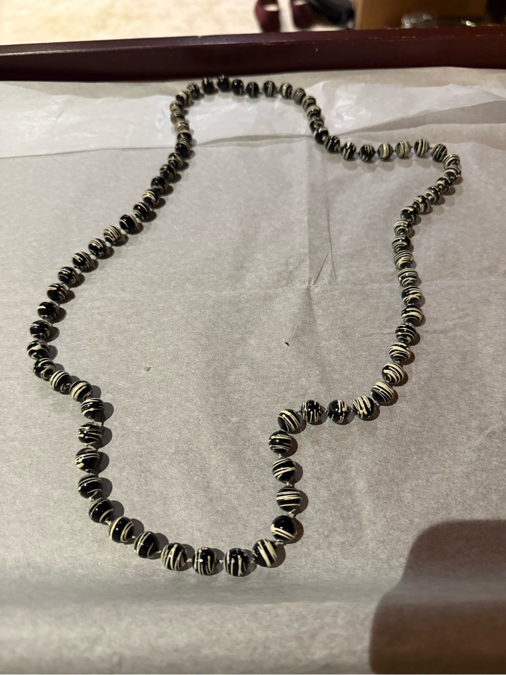 Vintage Mod Black & White Swirl Beaded Endless Opera Necklace 32”